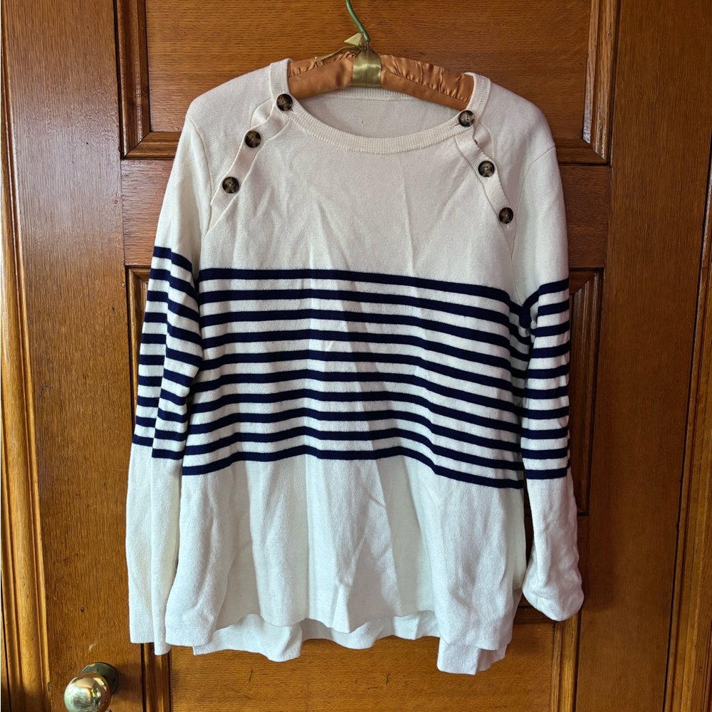 Cream and Navy Striped Boat Neck Extra Fine Merino Wool Sweater